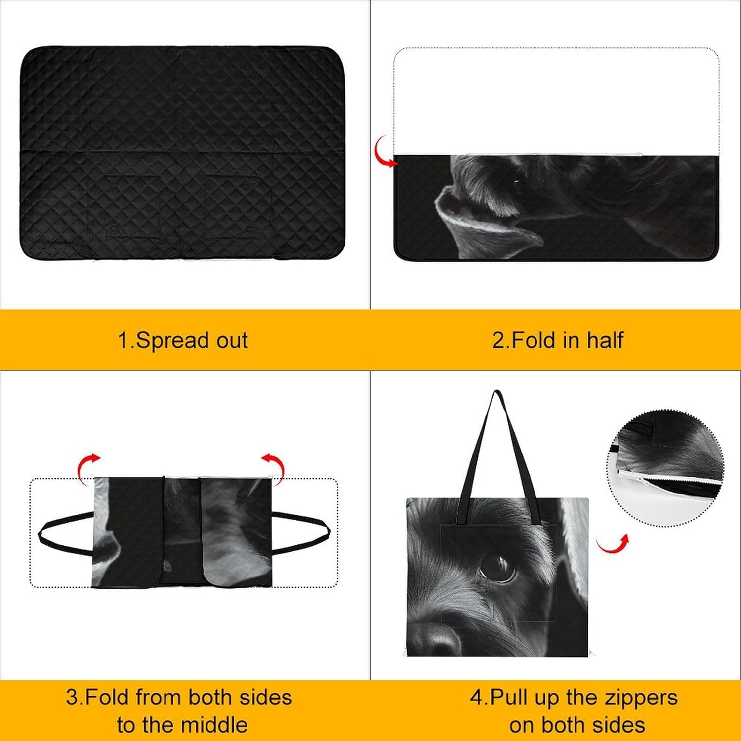 Black Schnauzer Dog Picnic Blanket 150x100cm, Foldable 2-in-1 Picnic Mat and Tote Bag Portable Waterproof Beach Mat Sandproof Outdoor Blanket for Park, Hiking, Beach, Camping, Travel