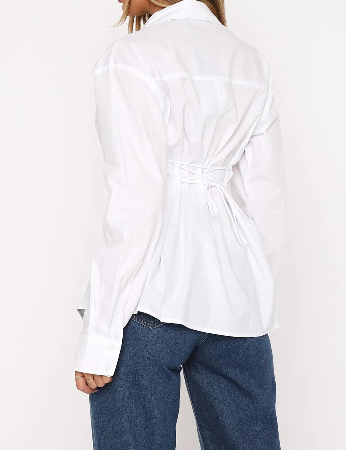 MISSACTIVER Women's Lapel Collar Button Down Shirt Cinch Waist Long Sleeve Casual Work Dressy Tunics Blouse Corset Tops - Image 5