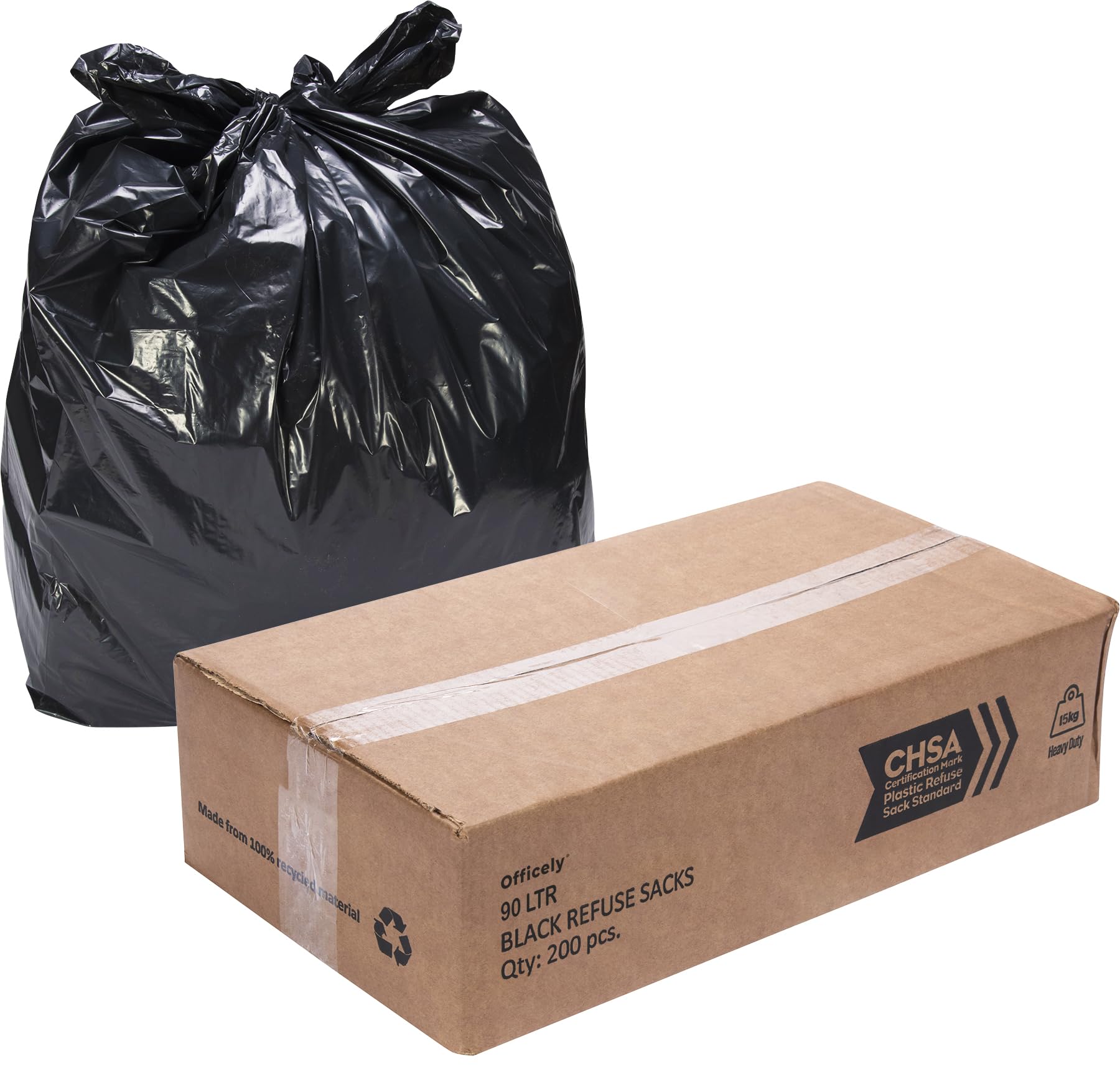 Officely Heavy Duty 90L Black Bin Bags, 15kg Rated, CHSA Accredited Refuse Sacks