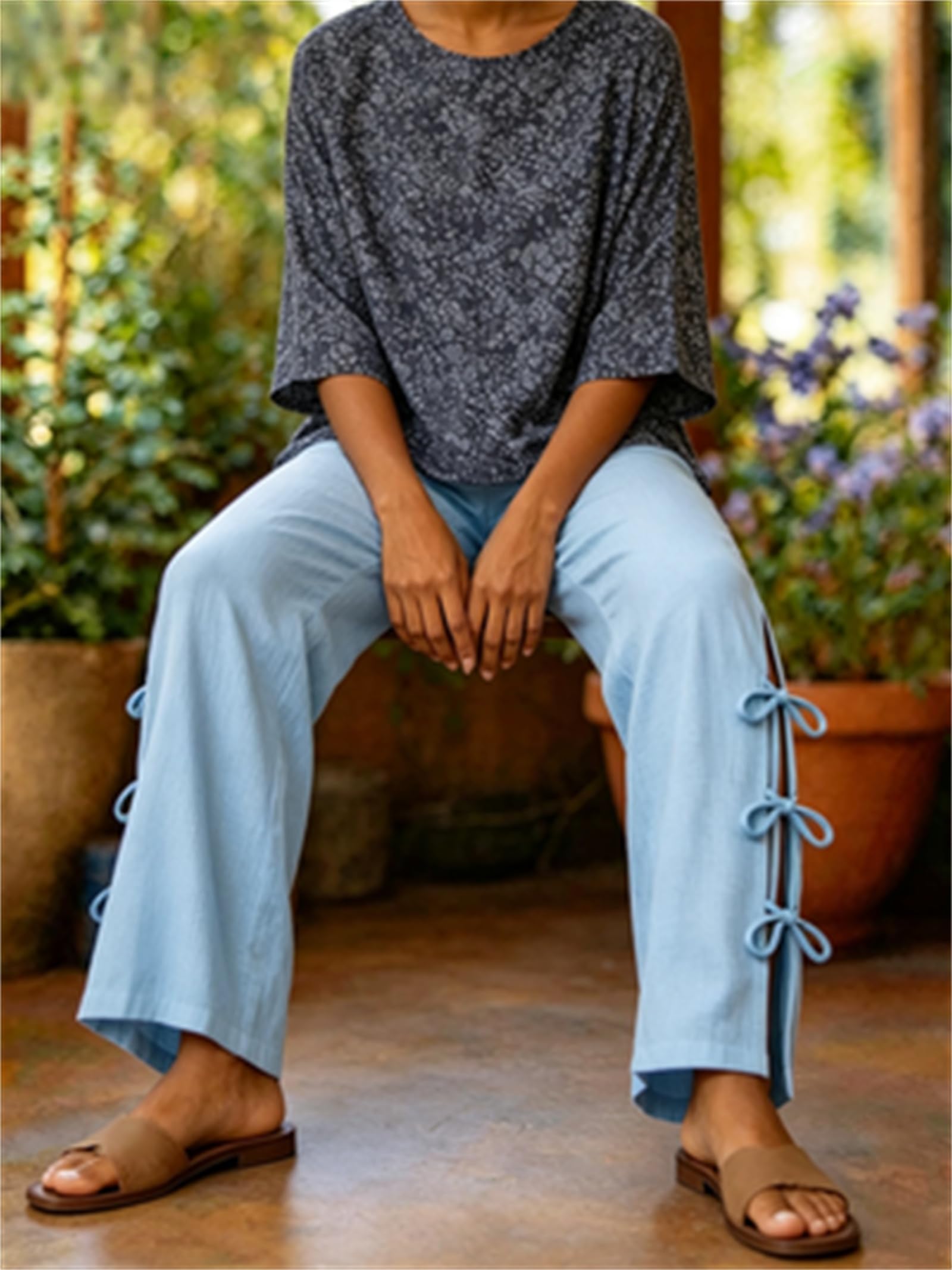 Pantaloni da Donna Casual in Misto Cotone e Lino, vestibilità Ampia, Tinta Unita, Vita Elasticizzata, Spacchi Laterali e Cintura da Annodare; Stile Estivo Boho con Nodo Laterale