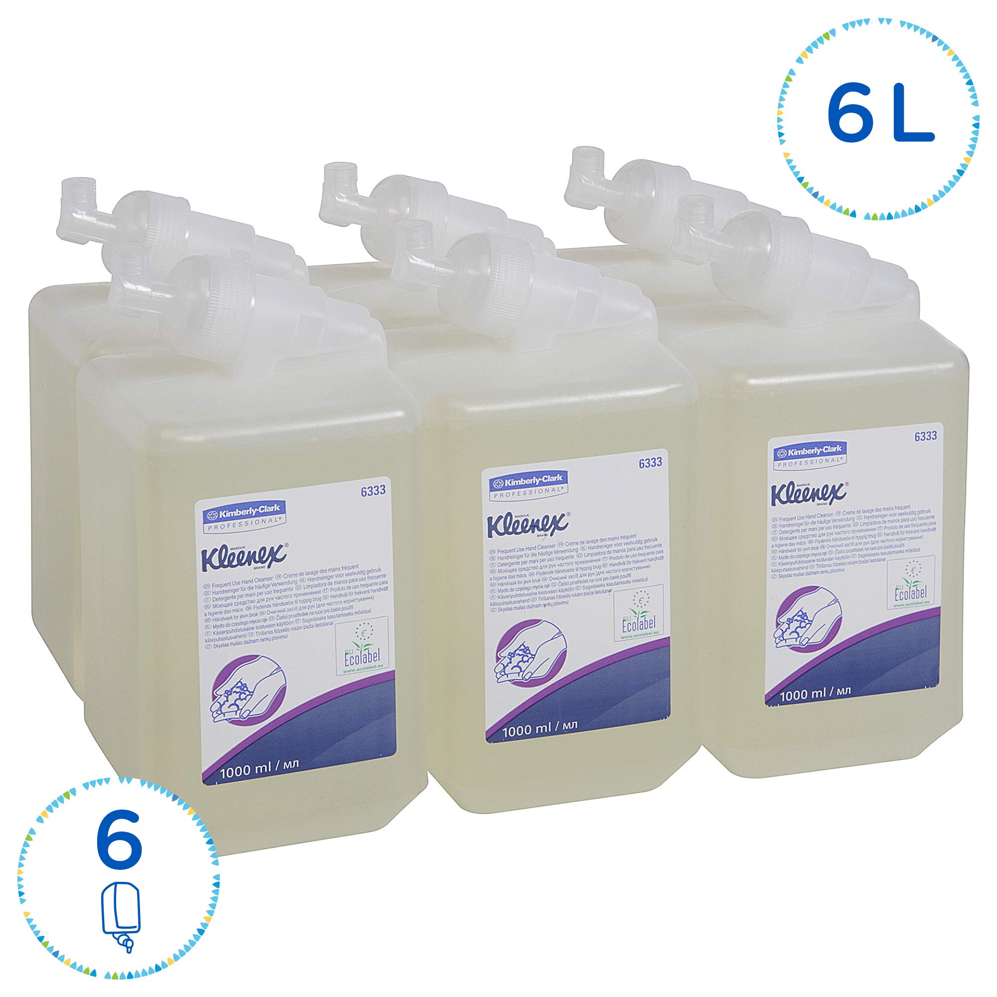 Kleenex® Savon Liquide pour les Mains 6333, Usage Fréquent, Incolore & Sans Parfum, Cartouches Compressibles Recyclables, 6 x 1 Litre (6 Litres au total)