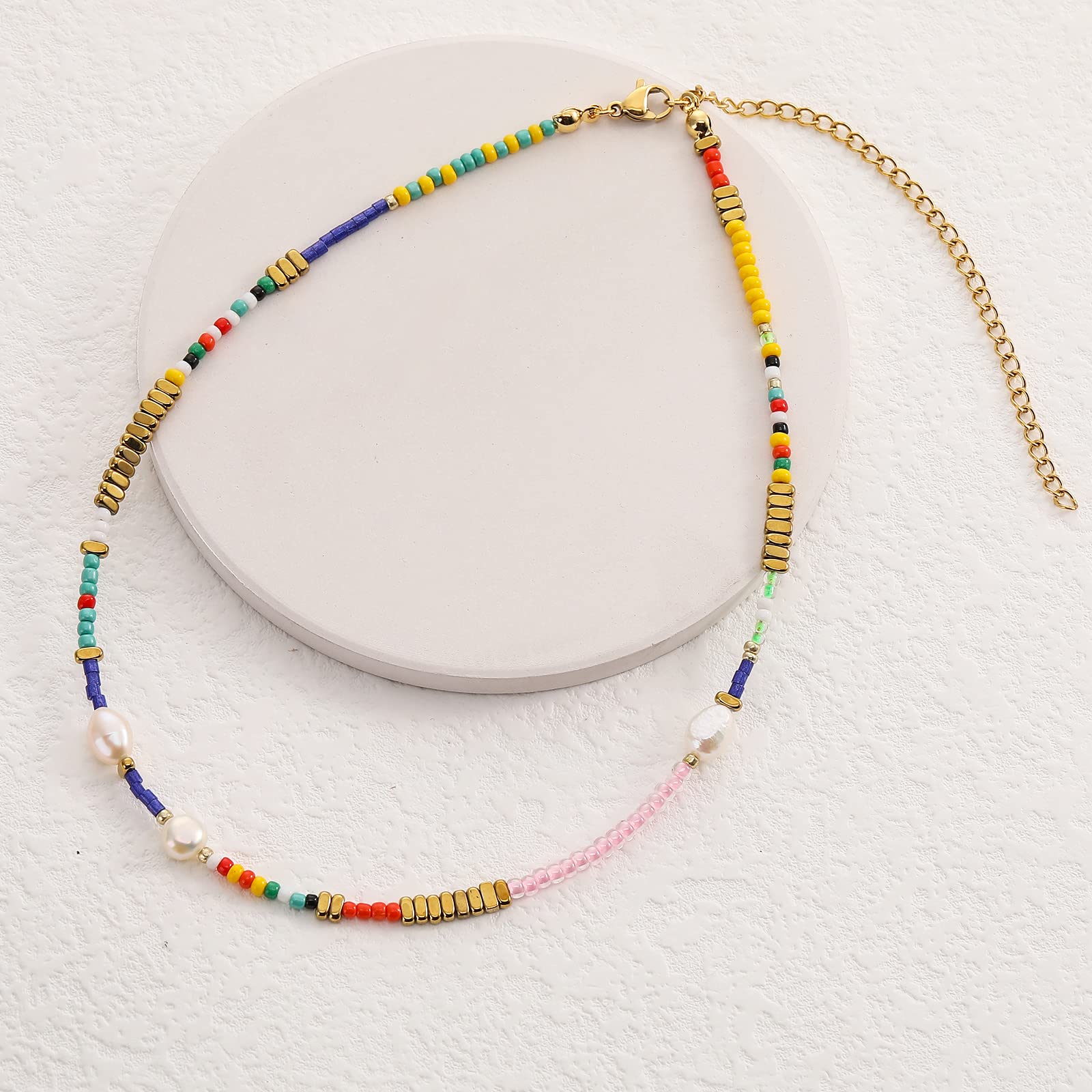 Wellike Freshwater Pearl Beaded Necklace for Women Handmade Boho Colorful Glass Beads Choker Necklace Stainless Steel 18K Gold Plated Bohemian Women Summer Jewelry Gifts