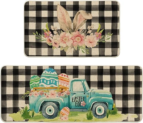 Artoid Mode Juego de 2 tapetes de cocina de Pascua con orejas de conejo decoración del hogar de primavera alfombras de cocina de perfil bajo para