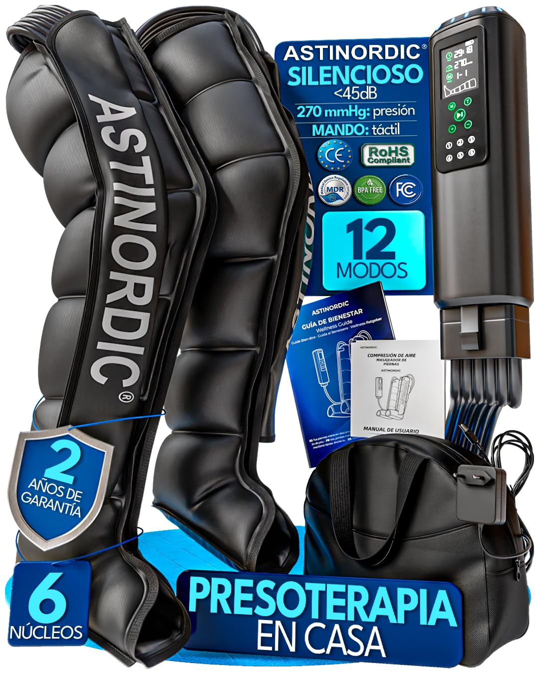 Presoterapia para Casa 270 mmHg, Botas Presoterapia Piernas con 6 Cámaras y 12 Modos Máquina de Compresión Aire, Drenaje Linfático, Profesional Portátil + Guía de Bienestar (L)