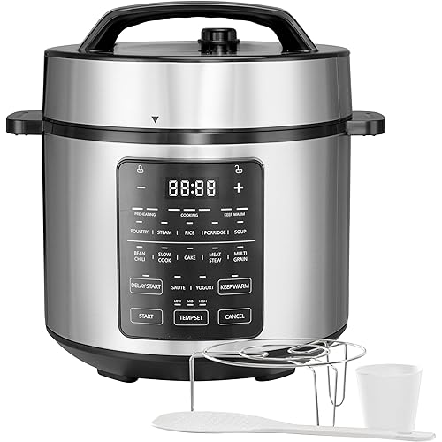Simple Deluxe Electric Pressure Cooker, Non-Stick 12-in-1 & 6QT Stainless Steel Multi Cooker for Slow Cook, Meat Stew, Cake, Porridge, Multigrain, Dishwasher Safe, Silver