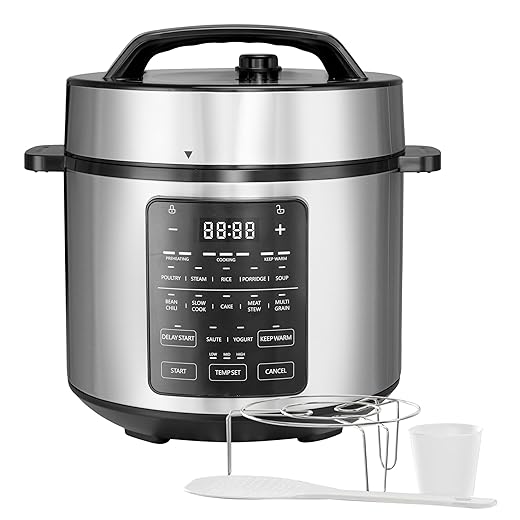 Simple Deluxe Electric Pressure Cooker, Non-Stick 12-in-1 & 6QT Stainless Steel Multi Cooker for Slow Cook, Meat Stew, Cake, Porridge, Multigrain, Dishwasher Safe, Silver