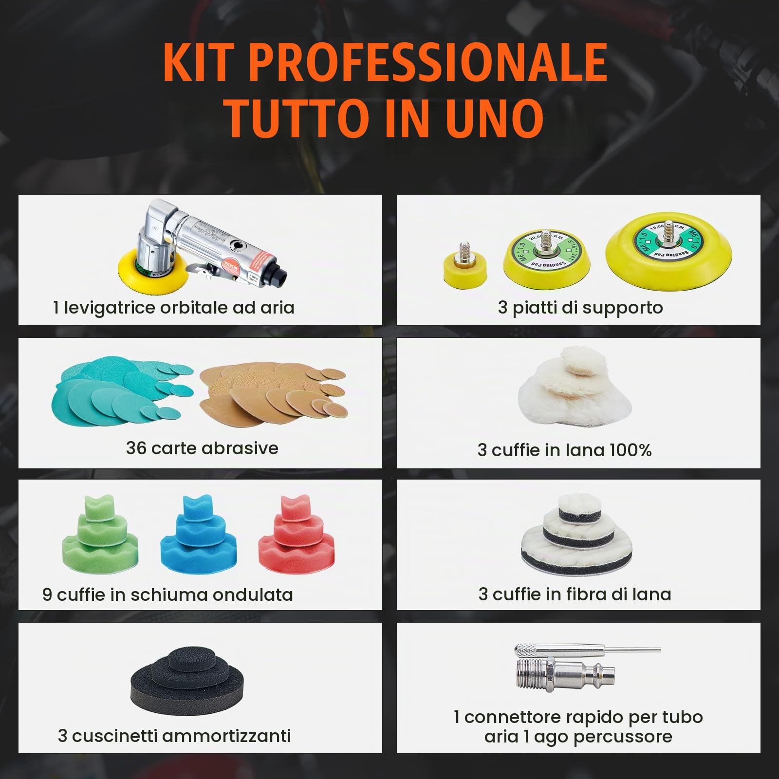 VEVOR Mini Levigatrice Pneumatica 25/50/76 mm Kit Levigatrice Orbitale ad Aria Compressa Velocità 15000 Giri/min, Kit Levigatrice per Carrozzeria 58 Pezzi, Mini Lucidatrice Orbitale ad Aria Compressa