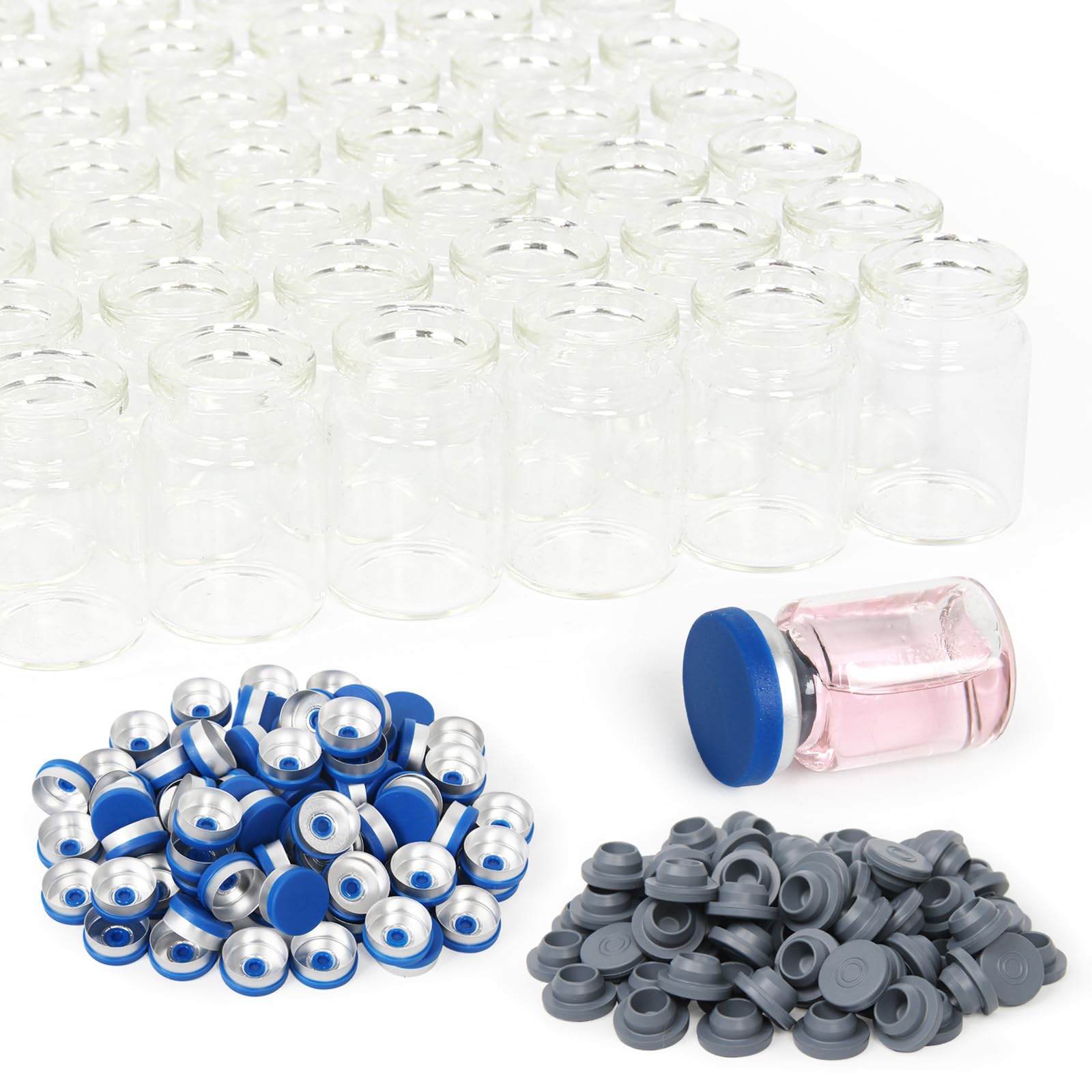 Photo 1 of 100 Pack 5ml Clear Glass Vials with Caps – 1.5 Dram Lab Headspace Vials, 20mm Neck Diameter, Includes Flip Top Caps and Self-Sealing Rubber Stoppers for Laboratory, Sample Storage
