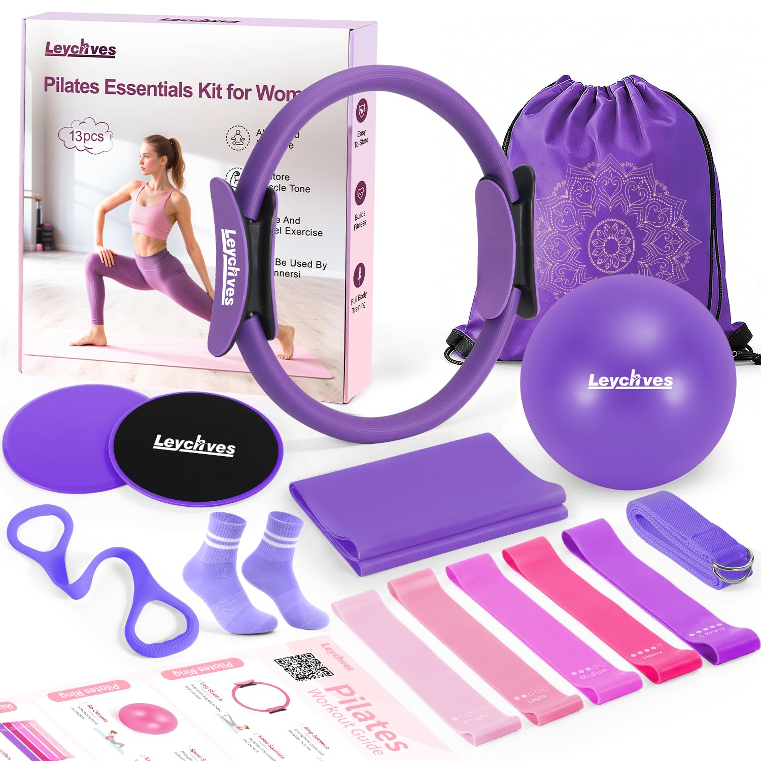 Home Pilates Essentials Kit for Women, Magic Circle Pilates Equipment Ring and Ball Set, Resistance Bands Workout Guide Video for 28 Day Pilates Challenge Starter Kit for Beginners