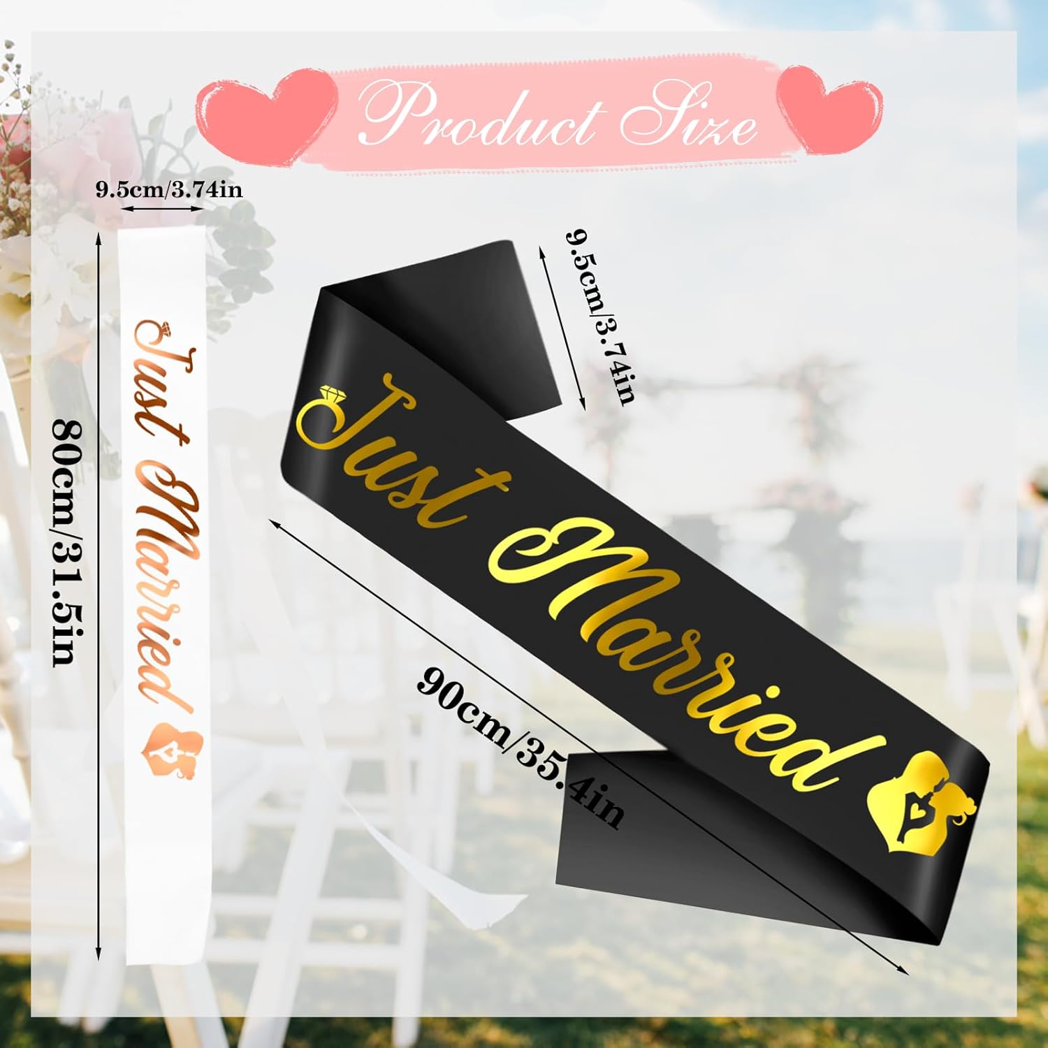 "Just Married - Bride to Be Sash and Groom to Be Sash Kit, 2 Pcs Gold Glitter Bachelorette & Bachelor Party Sashes for Wedding Bridal Shower Decorations Engagement Gifts (Black, White) - Image 3