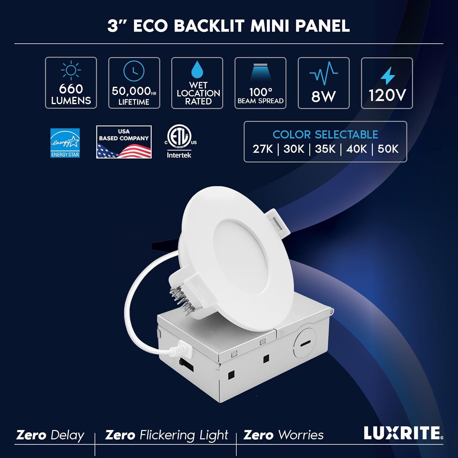 LUXRITE 3 Inch LED Recessed Light, ECO Backlit Mini Panel Spotlight, 5CCT 2700K-5000K, 660 Lumens, High Output, 8 Watts, Dimmable, IC Rated, Wet Rated, ETL Listed, Energy Star, Round (24 Pack) - Image 7