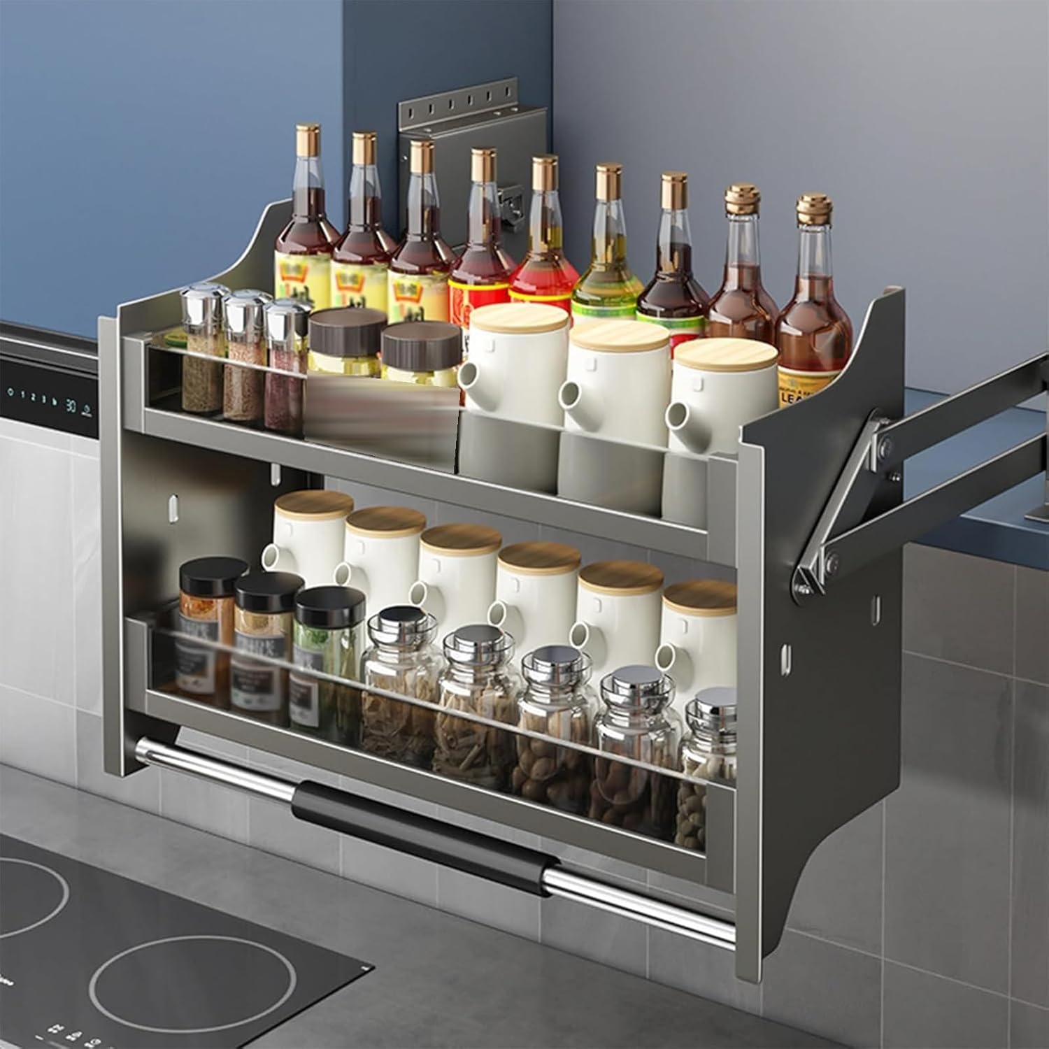 WTLONBF 2 Tier Pull-Down Dish and Spice Rack for Kitchen Upper Cabinets ...