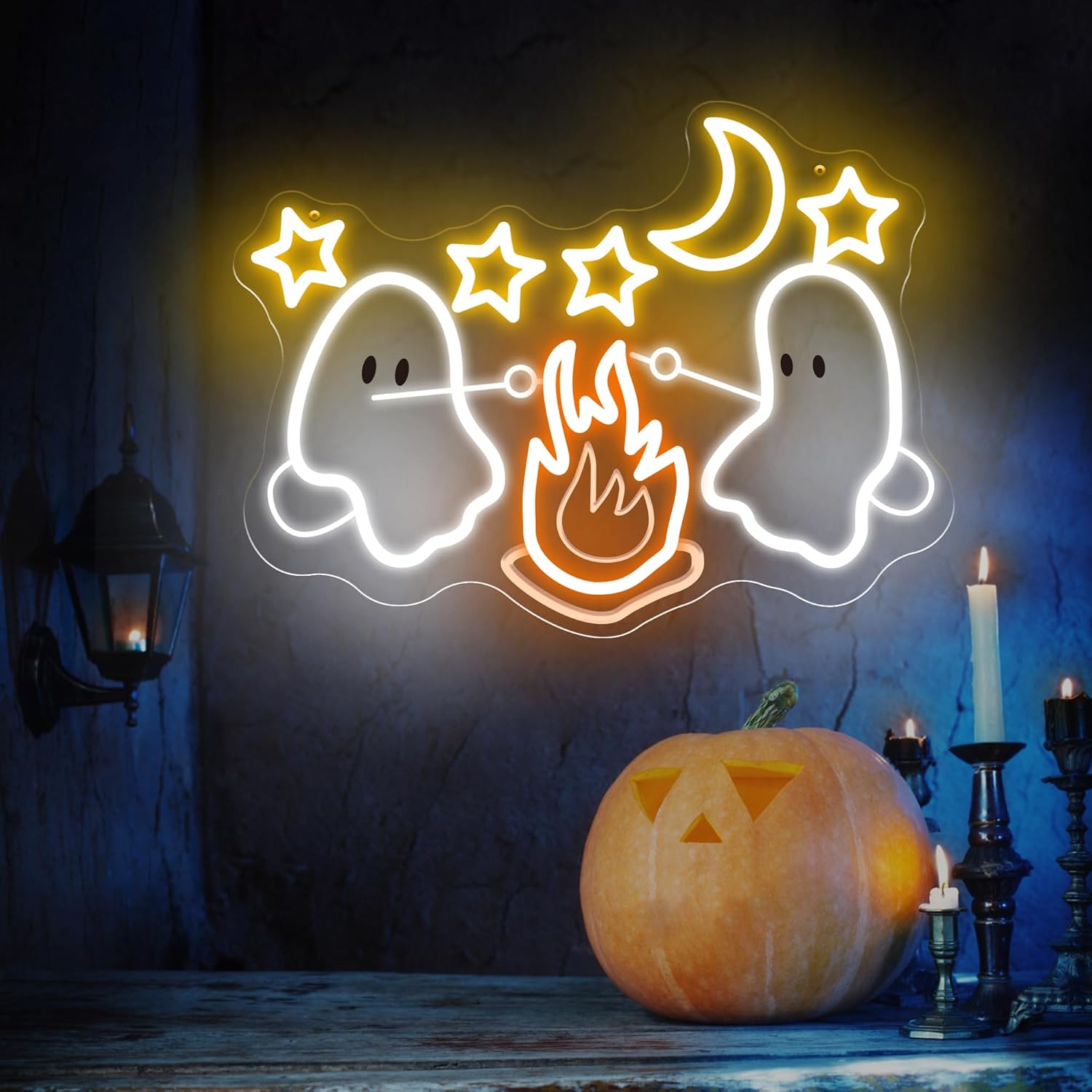 Ghost Grilling Neon Sign – 16x11in LED Wall Light – Adjustable Brightness – Fire Design – Spooky Halloween Decor for Kids Room, Bar, Party, or Gift
