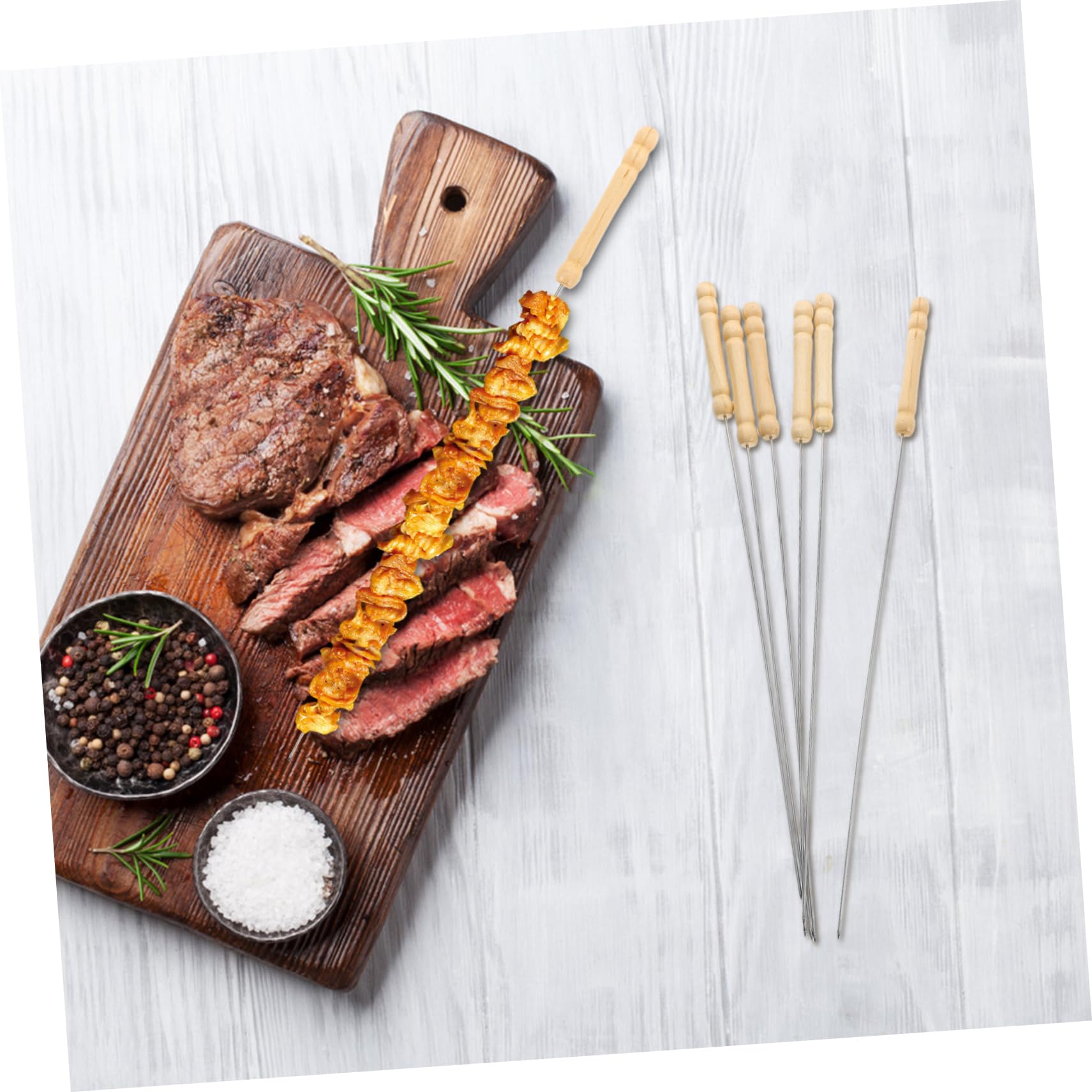 Brochetas de Acero Inoxidable para Asar 50 Piezas con Mango de Madera | Plata, Reutilizables y Resistentes al Óxido, 33cm, Uso en Bbq y Grilling, Forma Redonda