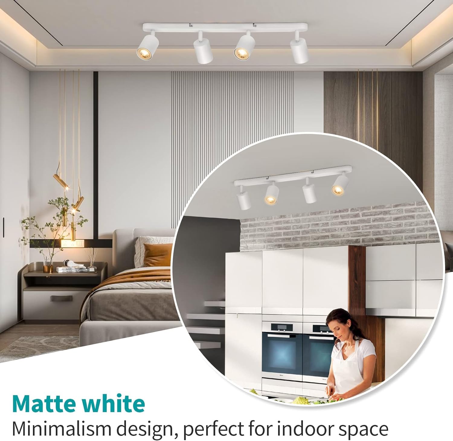wowatt Plafoniera a LED 4 faretti orientabili GU10, 4 faretti girevoli, plafoniera da cucina, illuminazione da soffitto, lampada da soffitto, lampada da parete, lampada a LED, bianco per cucina,