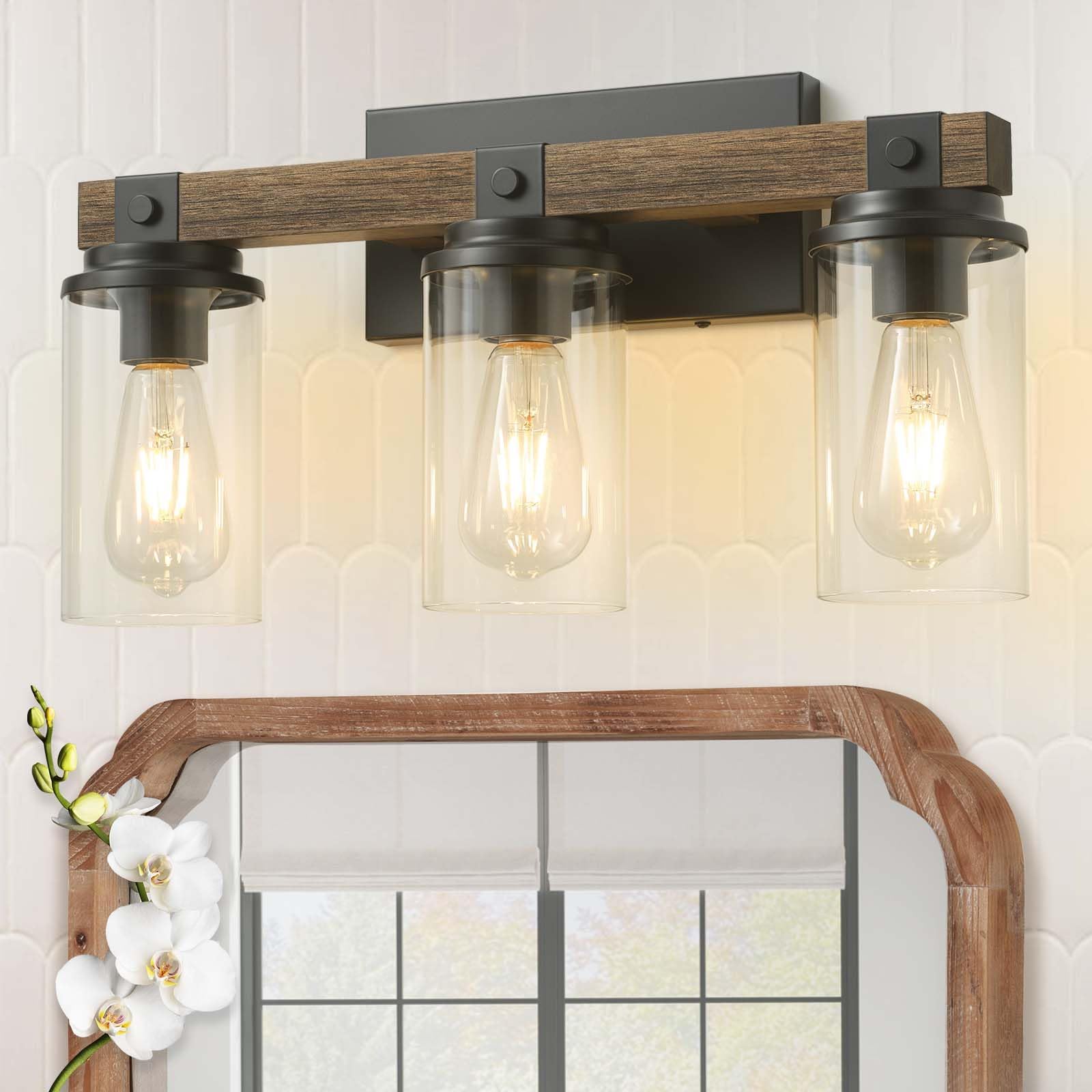 Farmhouse Vanity Light 3 Light Wooden, Bathroom Light Fixtures Over ...