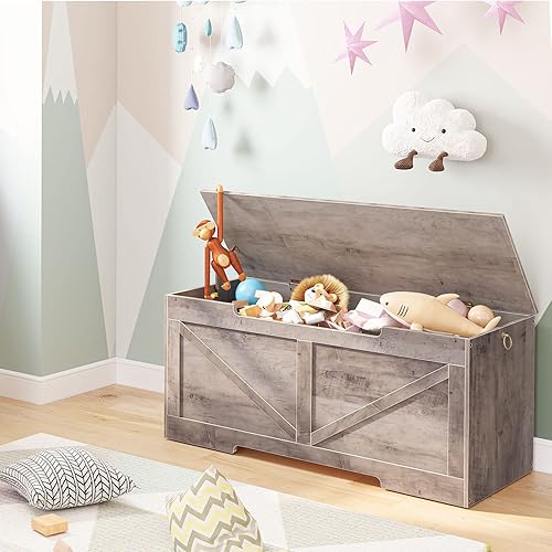 Miniatura 10 de HOOBRO Banco de almacenamiento, baúl de almacenamiento de madera retro de 29.5 pulgadas con tirador recortado en forma de U, bisagra de seguridad,