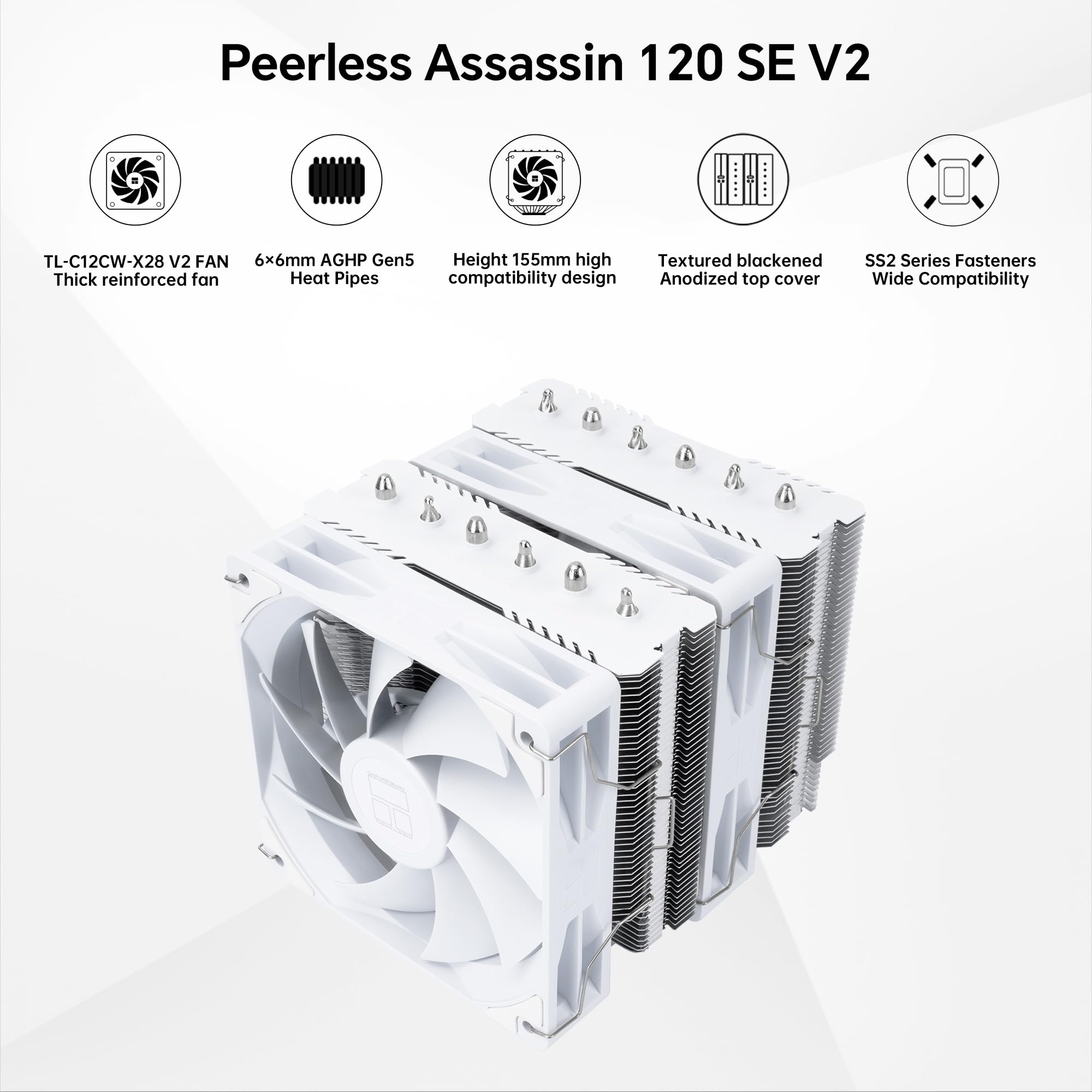 Thermalright Peerless Assassin 120 SE Blanco V2 Disipador CPU 1850RPM | Disipador de doble torre con 6 heat pipes, dos ventiladores PWM y soporte AM4/AM5, Intel LGA1700/1851