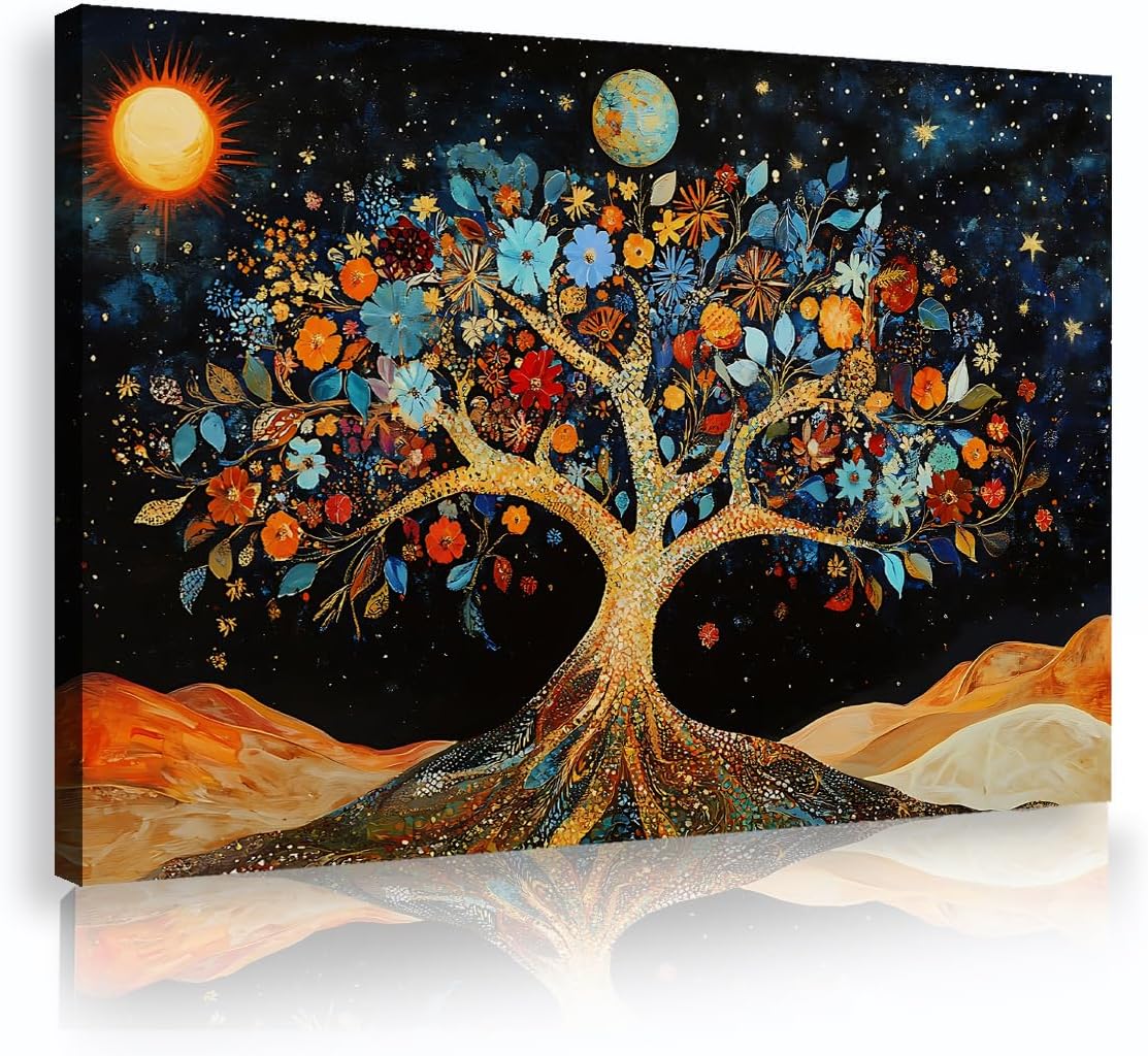 リビングルーム用夜キャンバスウォールアート 月の上の生命の木 壁のアートワーク絵画 ホームオフィス用 65x98cm インナーフレー