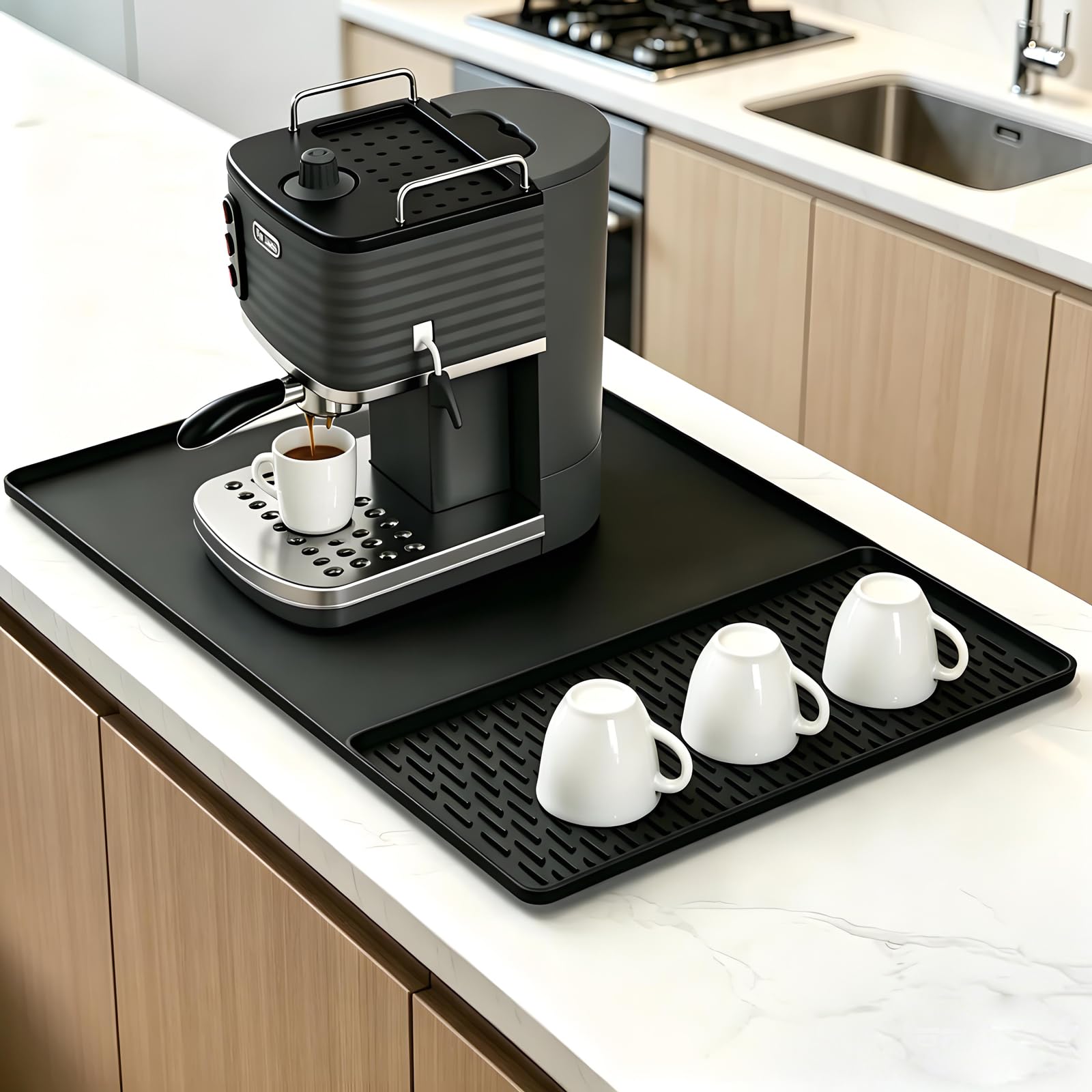 Large Silicone Coffee Machine Mat, 2-in-1 Drying Rack with Raised Edges, Silicone Mats for Worktops Foldable Coffee Machine Mat, Quick-Drying Worktops Protector for Spills, 60x40cm Black