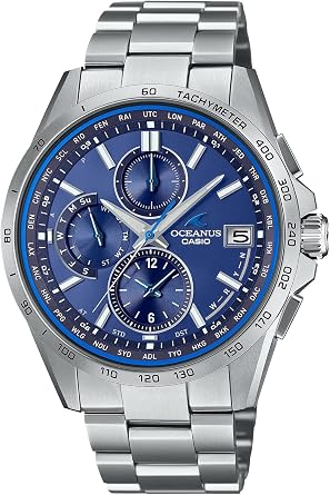 Casio OCW-T2600 Oceanus Classic Radio Solar Wristwatch, silver/blue | Made in Japan, Sapphire glass, Titanium, Mens, Silver, Blue