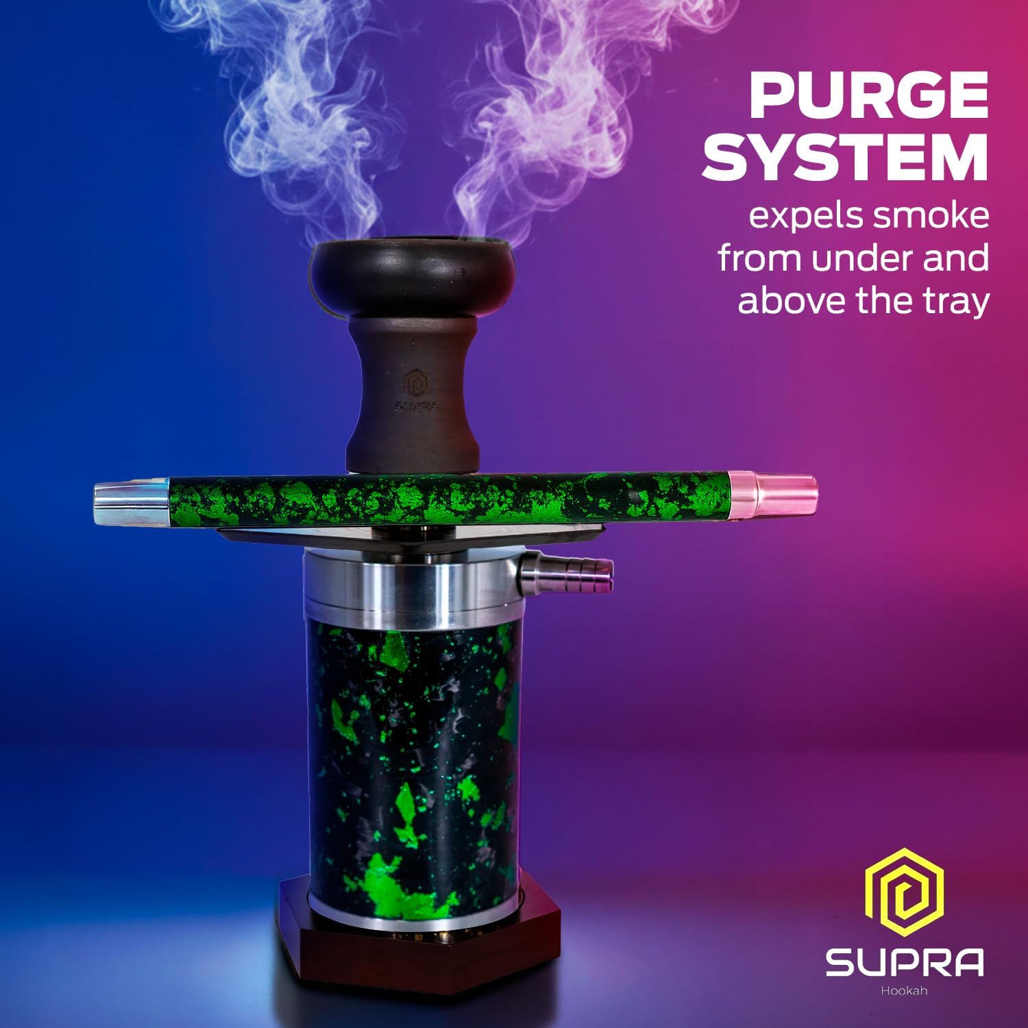 Supra Hookah Hexa – Portable Carbon Fiber Travel Hookah with Anti-Slip Hex Tray & Stainless Steel Stem (Green Silver)