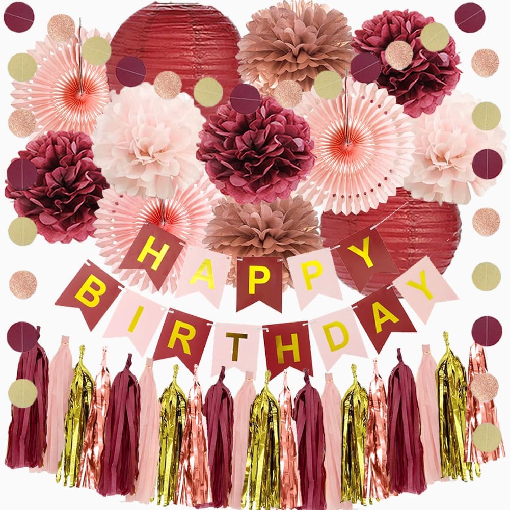 Burgundy Rose Gold Birthday Decorations Blush Pink Rose Gold and Burgundy Birthday Party Decorations Maroon and Gold with Burgundy Pink Tassel Garland Happy Birthday Banner for Women Girls