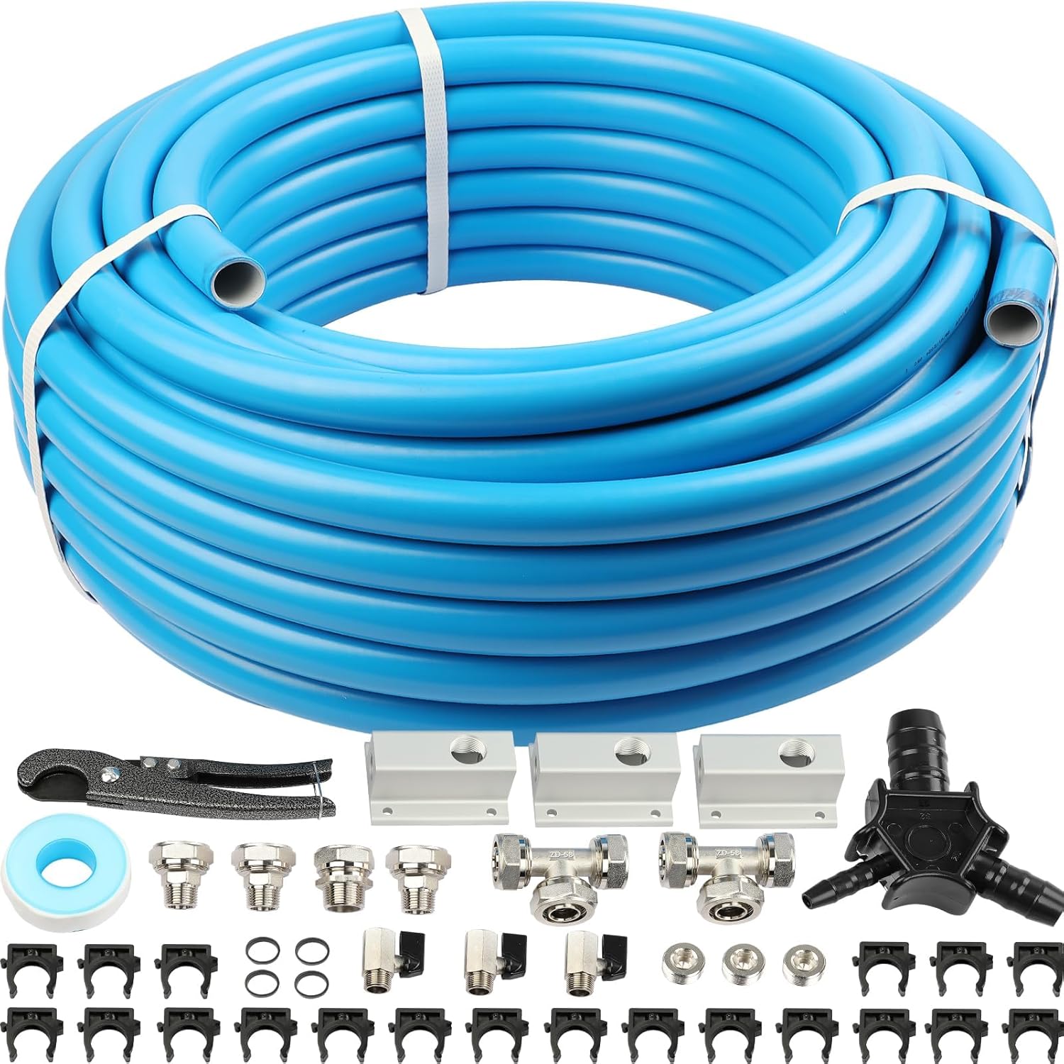 3/4 Inch ID x 100 ft Compressed Air Piping System Kit with Dual-Outlet Aluminum Manifolds, Garage Shop Air Line Kit for Air Compressor, 200 PSI