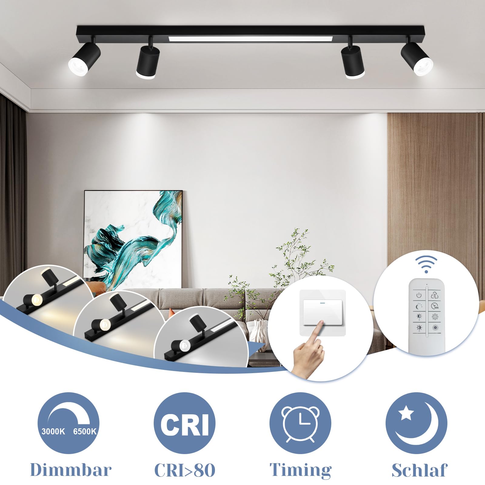 LED Deckenleuchte Dimmbar Deckenstrahler 4 Flammig Schwarz | Deckenspots mit Fernbediennung 3000K-6500K 38W Schwenkbar Modern für Wohnzimmer Schlafzimmer Küche Büro