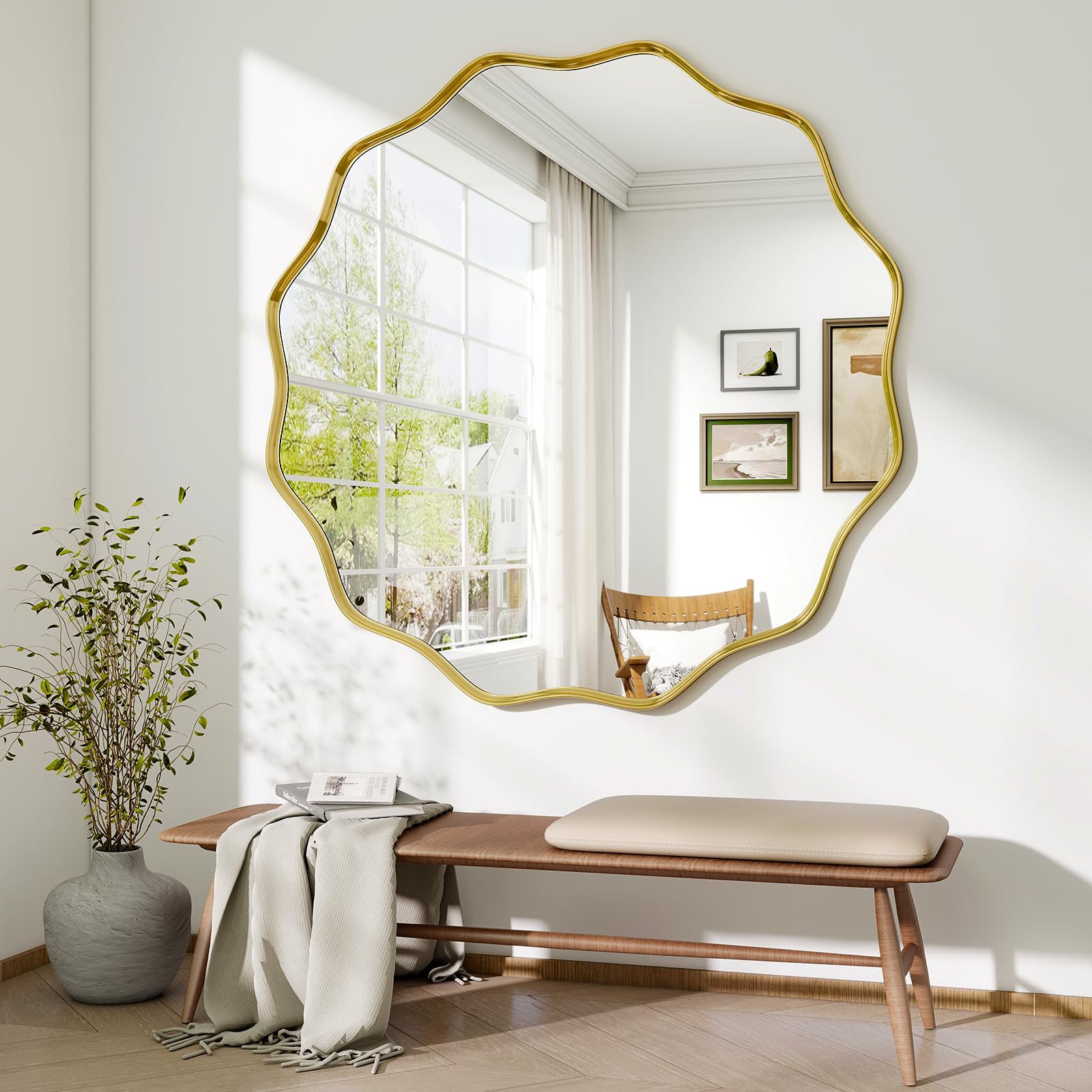 BEAUTYPEAK Miroir rond de 106 cm - Avec bord ondulé - Cadre en aluminium - Grand miroir rond à suspendre et à s'appuyer - Miroir mural rond pour chambre à coucher, salle de bain, couloir - Doré