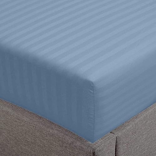 Feather & Stitch 1 Piece Fitted Sheet King Size, 100% Cotton Damask Sateen Weave, Striped Breathable, Stretchable Elastic Sheet for Mattress 18 inch Deep Pocket, 500TC Premium Ultra Soft - Blue