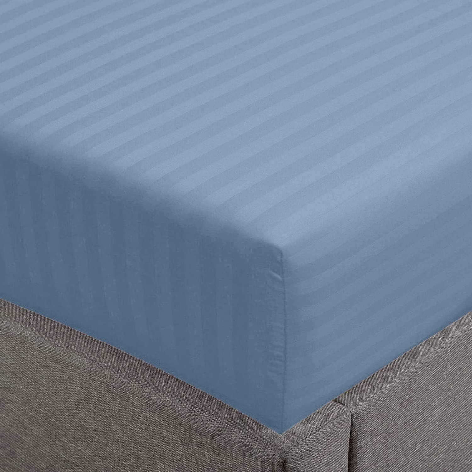 Feather & Stitch 1 PC Fitted Sheet California King Size, 100% Cotton Damask Sateen Weave, Striped Breathable, Stretchable Elastic Sheet for Mattress