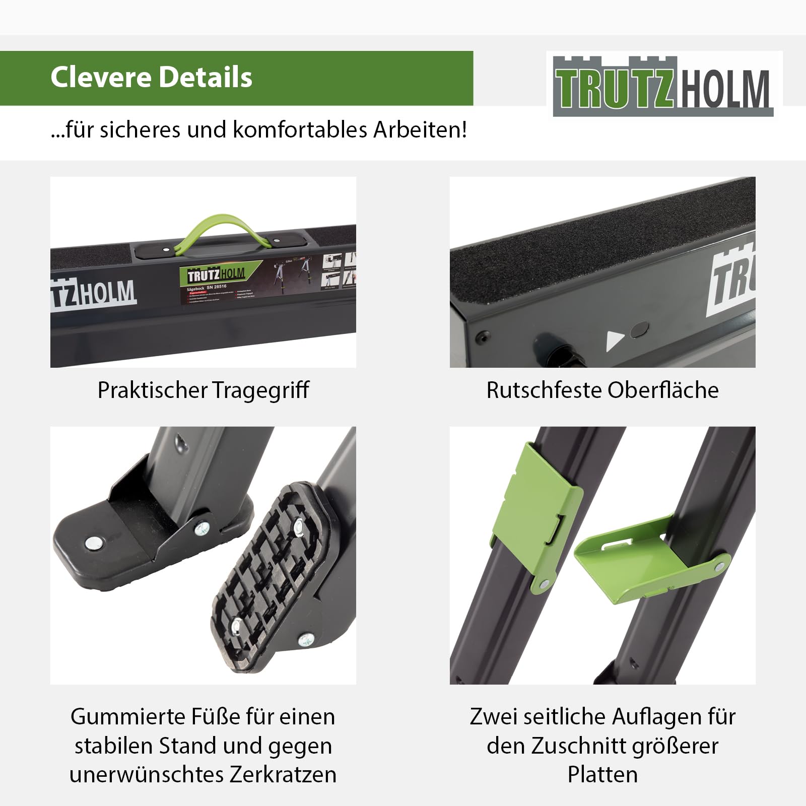 TRUTZHOLM 2x Sägebock 2.0 DELUXE 9-fach höhenverstellbar Stahl bis 1300 kg Klappbock Arbeitsbock Werkbock verstellbare Klemmen für Kanthölzer integrierter Tragegriff Unterstellbock Werkbank
