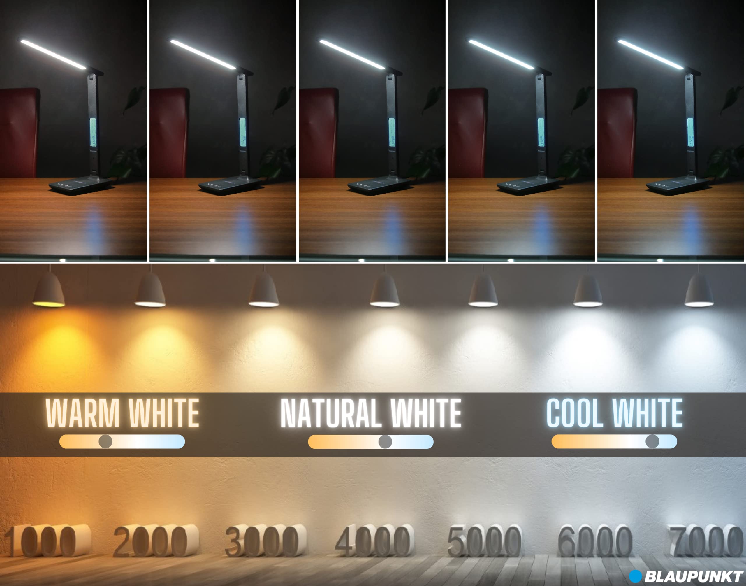 Blaupunkt LED-Schreibtischlampe mit kabellosem Ladegerät - USB-Ladeanschluss - Dimmbare Tischlampe 5 Farbmodi - Verstellbarer Arm - Büro - Leselicht - LCD-Anzeige Uhr Kalender Thermometer - Weiß
