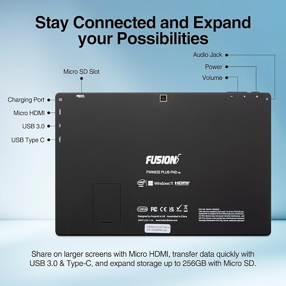 Fusion5 10 Windows 11 Tablet - Ultra Slim Windows Tablet PC - 8GB RAM, USB 3.0, Micro HDMI, Full HD Display, 5MP & 2MP Cameras, Expandable Storage