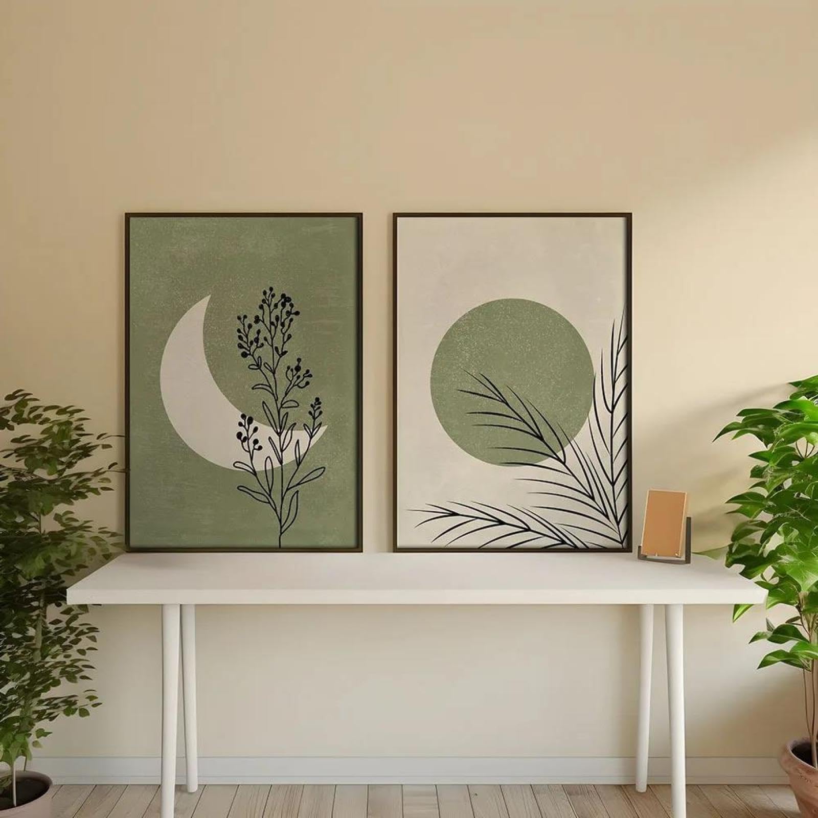 Baibexing Bohemian Plant Moon Sun Canvas Poster Green Beige Background Landscape Wall Art Print For Modern Living Room Home Decor 21X30Cmx2Pcs Unframed