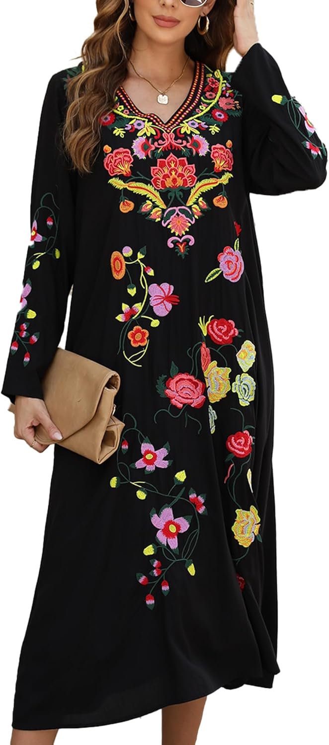 Grosy Boho Embroidered Maxi Dress Long Sleeve Traditional Floral Mexican Peasant Dresses for Women Bohemian Style