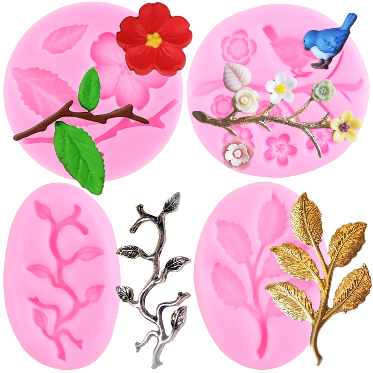 MYPRACS Set di 4 stampi in silicone a forma di uccello, rami di albero, fiori, foglie, fondente, decorazioni per torte, pasta di gomma, topper per cupcake, caramelle, cioccolato, argilla polimerica