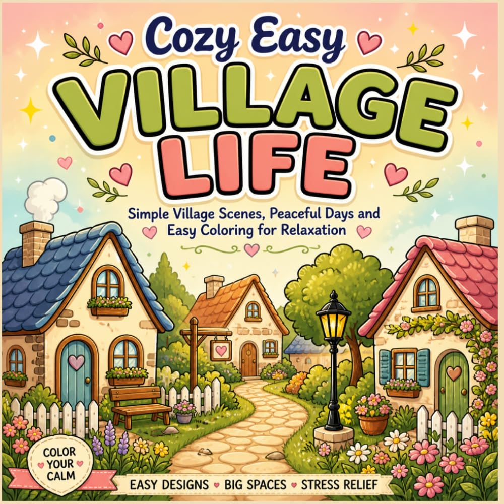 Cozy Easy Village Life: Simple Village Scenes, Peaceful Days and Easy Coloring for Relaxation