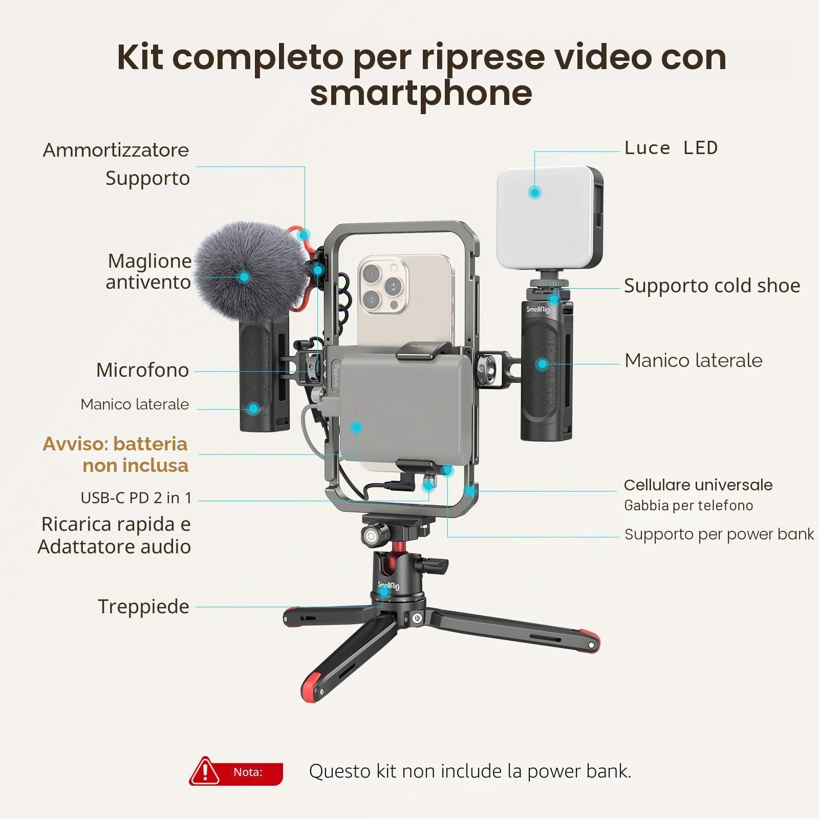 SMALLRIG Universal Phone Video Rig Kit per iPhone, Smartphone e Fotocamere, Stabilizzatore per Telefono con Treppiede Microfono Luce LED Maniglia Laterale Power Bank Holderm - 3384C