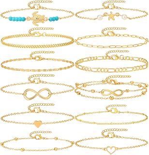 STARAIN 12PCS Waterproof Beach Anklets for Women - Gold Silver Adjustable Chain Ankle Bracelets Set, Cute Summer Foot Jewelry 7.9-10.5"