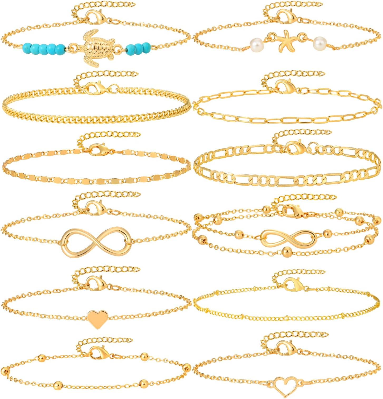 Starain 12Pcs Summer Beach Anklets for Women Waterproof Gold Silver Chain Ankle Bracelets Cute Women's Foot Anklet Set 7.9-10.5 inch Adjustable