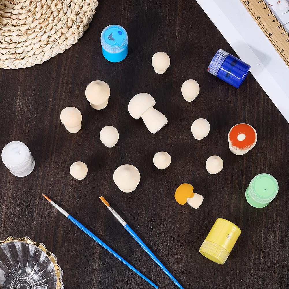 CRASPIRE 25Pcs 9 Styles Unfinished Wood Mushroom Craft Wooden Mushrooms Shape Unpainted Fairy Themed Spring Summer Paintable Mini Figurines with Brushes for DIY Art Crafting Projects Decor Supplies - Image 3