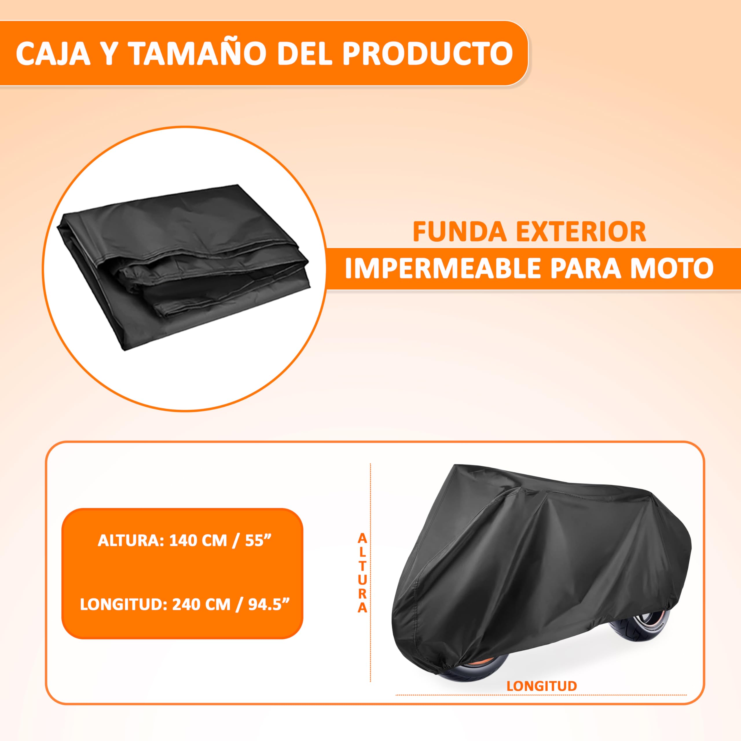 Funda Moto Impermeable Grande 240 x 140 cms Material PEVA Protege Lluvia Polvo Sol Funda para Moto Exterior Impermeable Negra