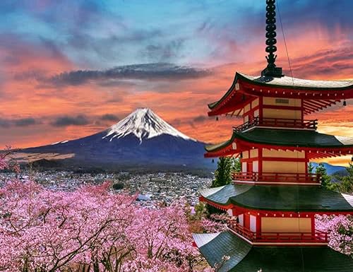 Kit de pintura de diamante 5D para bricolaje, flores de lapso de tiempo, chureito primavera, pagoda Fuji, montaña, 14 x 20 pulgadas, para adultos,