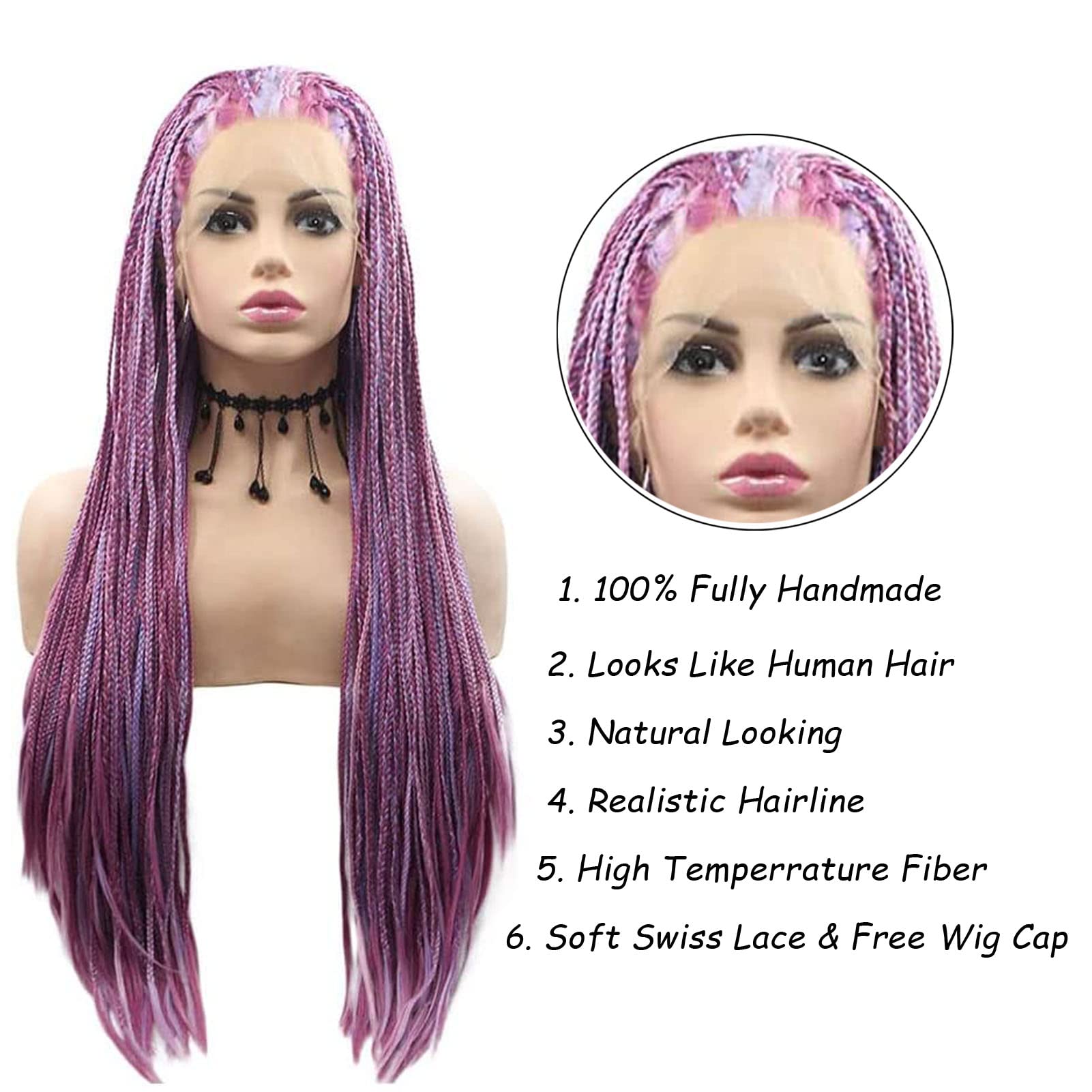 Purple Micro Braided Wigs for Black Women Handmade Knotless Box Braid Wig Long Highlight Lilac Realistic Cornrow Lace Front Braided Wigs Glueless Synthetic Heat Resistant Hair Makeup Daily 26Inch - Image 3