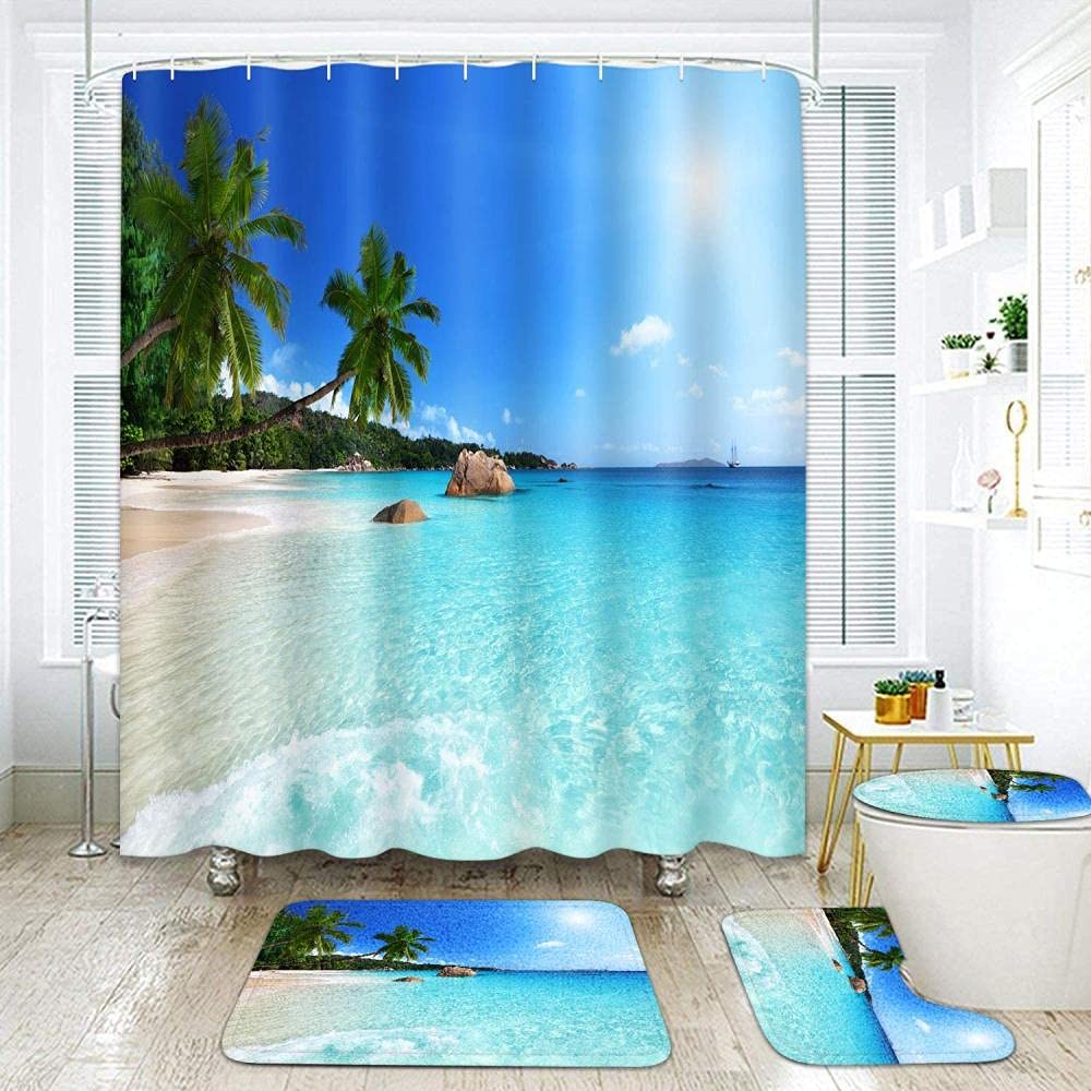 Set Bagno Pesci Tropicali – Tenda, Tappeti E Copriwater – 4 Pezzi Con 12 Ganci – Divertente Per Bambini