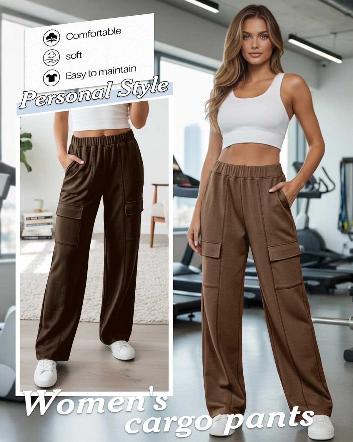 Neer 3 Pack Womens Cargo Sweatpants with Pockets Casual High Waisted Baggy Wide Straight Leg Pants Athletic Joggers Trousers(Black, Khaki, Brown,Large) - Image 2