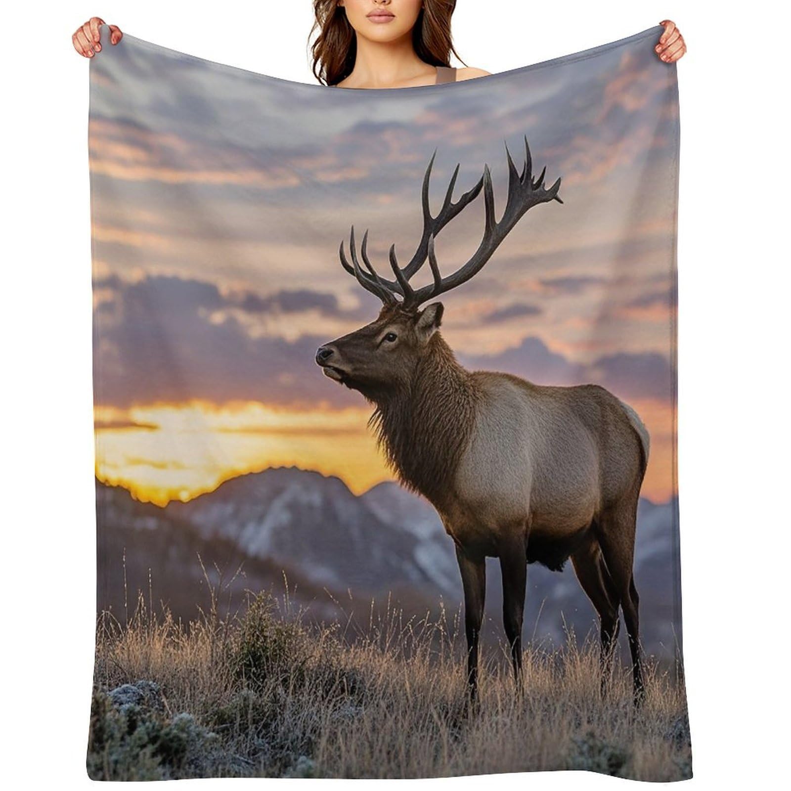 Red Deer Bull Elk Sunset Throw Blanket for Couch and Bed Super Soft Warm Lightweight Throw Blankets Cozy Fuzzy Flannel Blanket Personalized Decorative Blankets for Sofa Decor 50"x60"