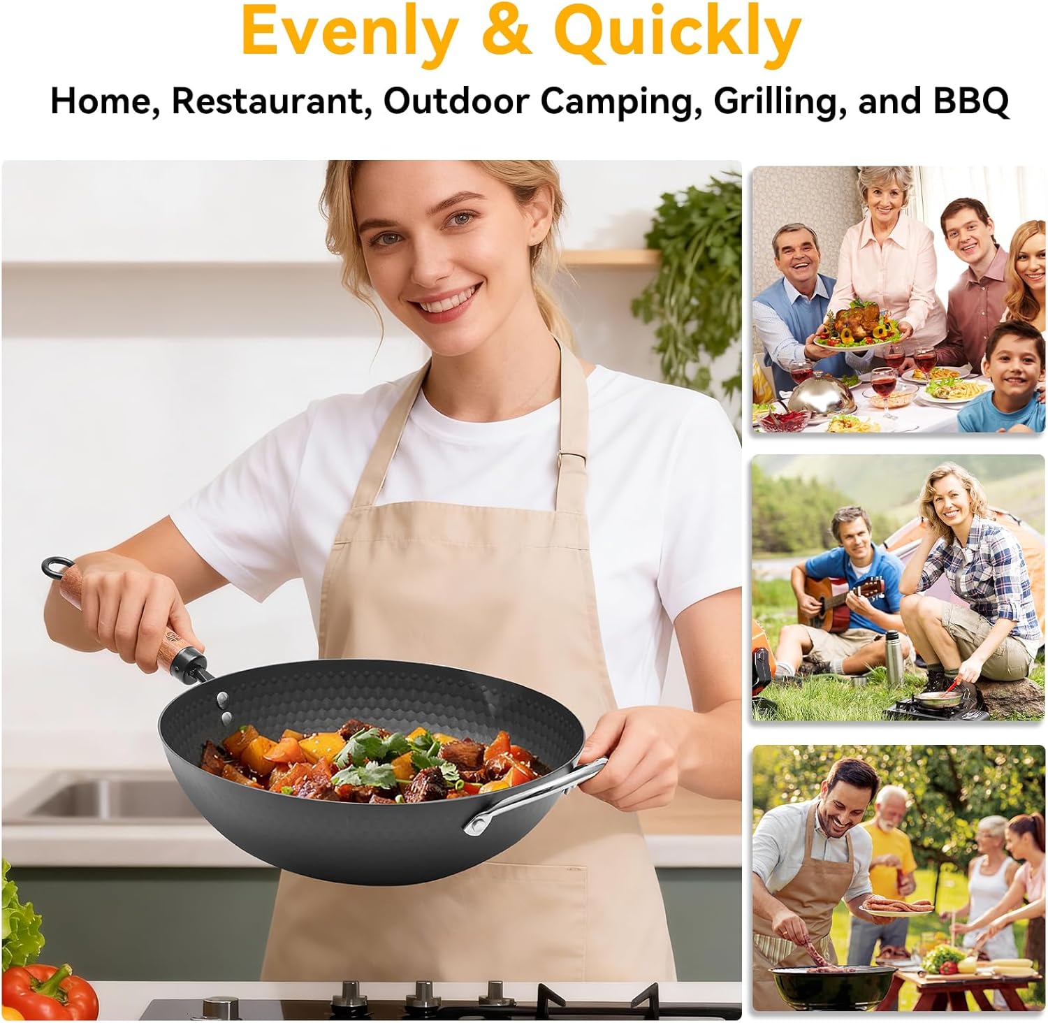 WANGYUANJI Carbon Steel Wok with Lid, 12.6" Hammered Stir Fry Pan with Helper Handle & Iron Spatula, Thickened Heavy Duty Flat Bottom Wok for Induction, Electric & Gas Stoves, Metal Utensil Safe